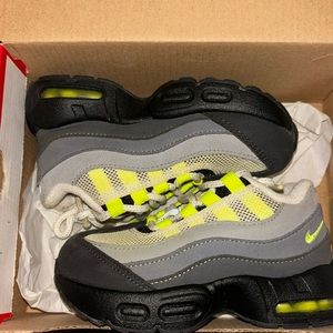 Farely worn Nike AirMax ‘95 sneakers, size 8, black, gray, and lime green